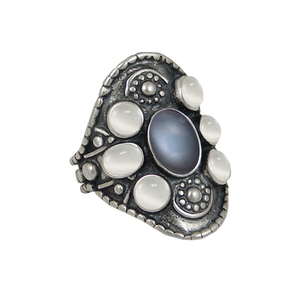 Sterling Silver High Queen's Ring With Grey Moonstone And White Moonstone Size 8